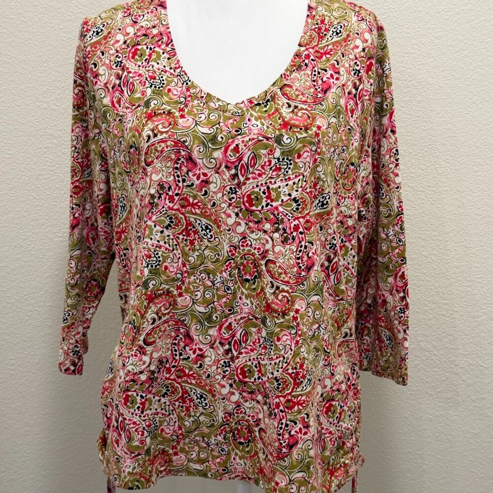 Caribbean Joe red, green, tan paisley print tunic, v-neck, side ties, XL